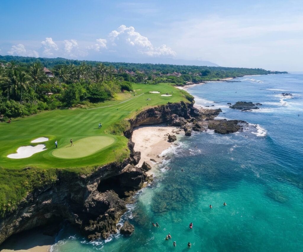 Aerial view of Anahita luxury resort and golf court with Ile aux Cerfs Lagoon | Mauritius | Swift Travel