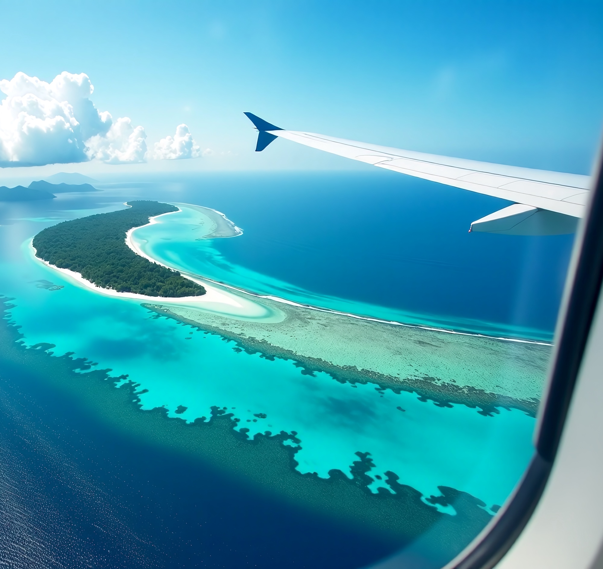 View from the window of an airplane tropical coastline turquoise waters | Flights | Swift Travel