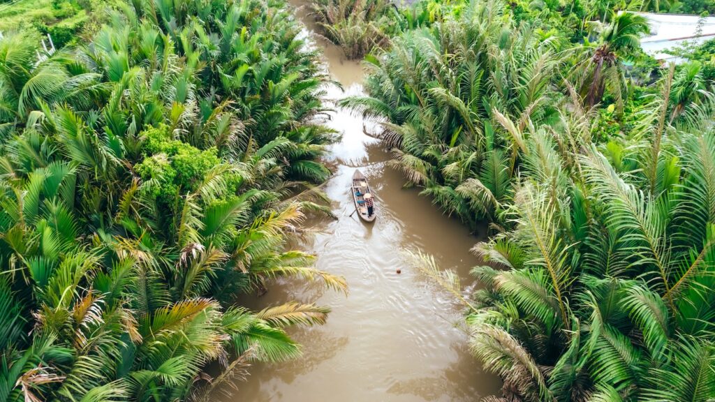 Aerial view from above of tourist on sampan boat in brown mekong river with green palms | Vietnam | Swift Travel